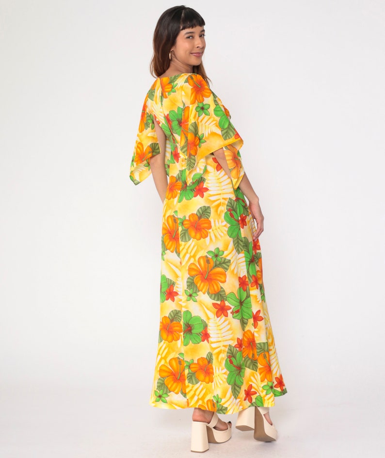 70s Hawaiian Maxi Dress Angel Sleeve Floral Empire Waist Hippie ...