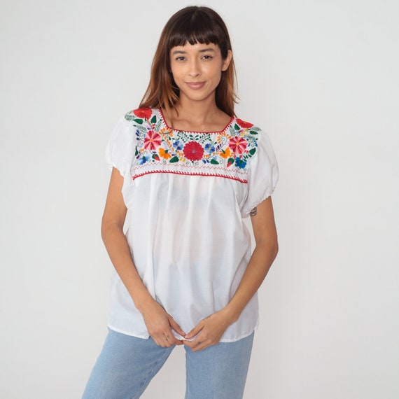 Floral Embroidered Blouse 90s Mexican Top White Peasant Hippie Short Sleeve Tent Shirt Summer Puebla Festival Red Flower Vintage 1990s Small