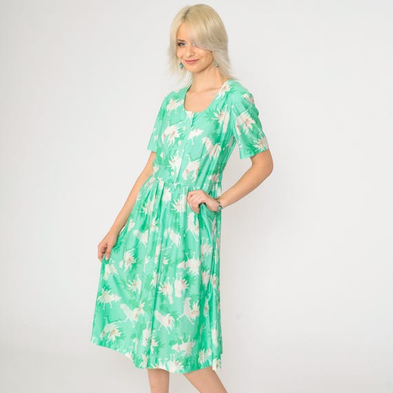 70s Romper Dress Abstract Chicken Bird Print Dress Green Midi Culotte Shirtdress Button Up Short Sleeve Vintage 1970s Modest Jumpsuit Medium