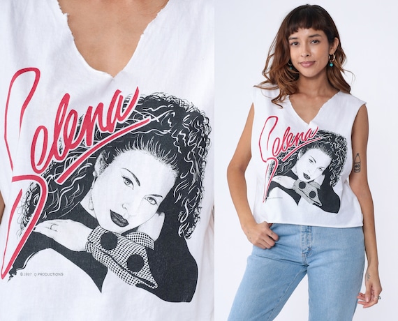 Vintage 90s Selena Shirt 90s Band Tank Top Cutoff Deep V Neck Tejano Concert 1997 Memorial Tee White Cut Off Crop Top Small Medium