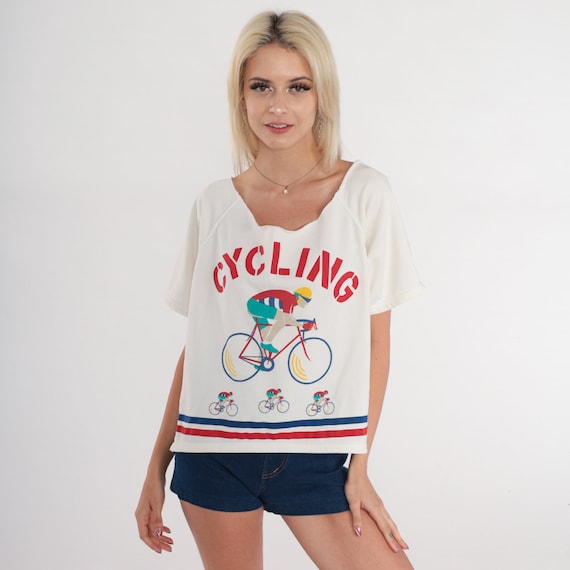 80s Bike Shirt Cycling Shirt Bicycle Tshirt Graphic T Shirt 1980s Cutoff Neckline Cyclist Shirt Vintage Sports Short Sleeve White Large