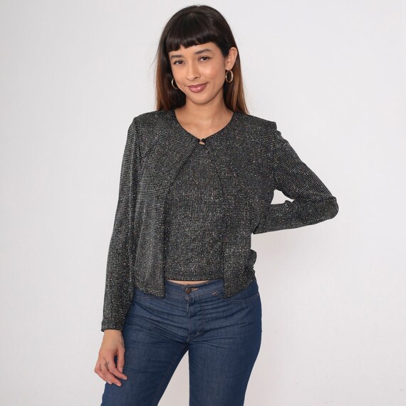 Silver Glitter Top 90s Metallic Twofer Blouse Sparkly Tank + Attached Cardigan Long Sleeve Going Out Party Top Vintage 1990s Medium M