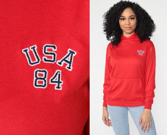 USA Olympics Shirt 1984 Hooded Shirt 80s T Shirt Kangaroo Pocket Hoodie Top Red Retro Tee Vintage Hood Long Sleeve Small xs