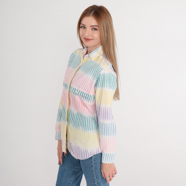 Striped Shirt 90s Button Up Blouse White Pink Yellow Blue Green Purple Long Sleeve Top Pastel Western Cotton 1990s Vintage Roper Medium M image 4