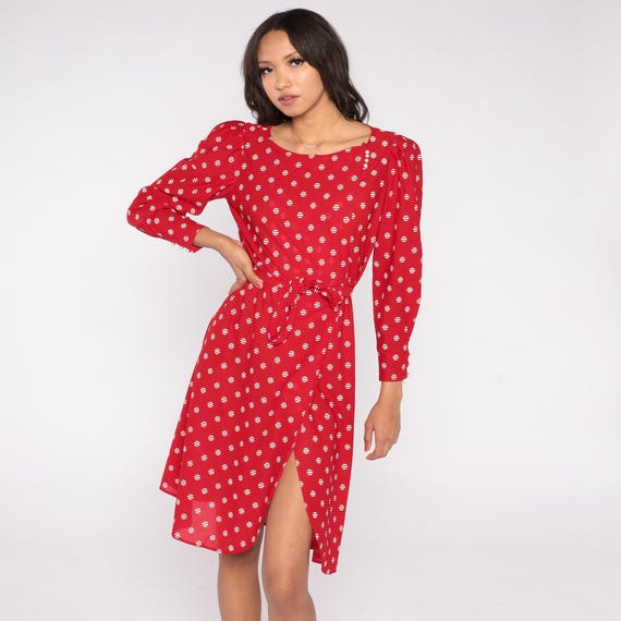 80s Red Polka Dot Dress Jane Baar New York Long Sleeve Elastic Waist Front Slit Faux Wrap White Circle Print Lightweight Polyester Small