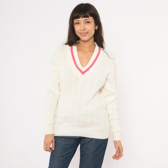 90s Cricket Sweater Cable Knit V Neck Pink Stripe Trim Ivory Pullover Tennis =reppy Varsity Cream Off White Cotton Ramie Vintage Small S