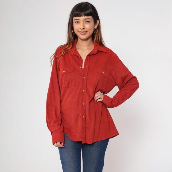 Vintage Rust Red Velour Shirt 70s Button up Collared Top Long Sleeve Chest Pocket Preppy Retro Plain Basic Microsuede 1970s Men's Large L