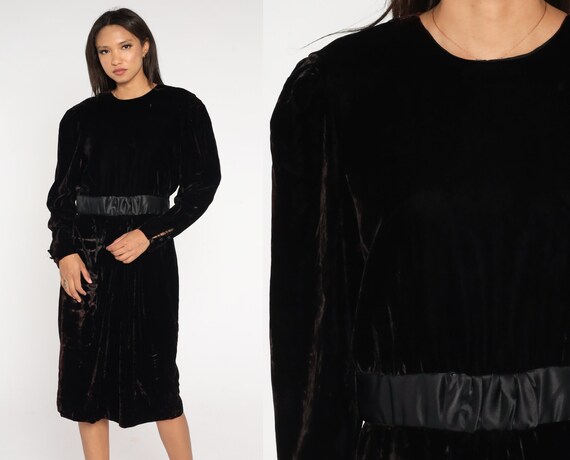 Black Velvet Dress 90s Party Dress Long Sleeve Sheath Pencil Evening Simple Chic Midi High Waisted Going Out Vintage 1990s Medium