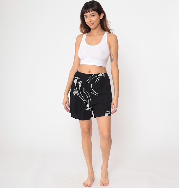 90s Shorts Black Floral Print Baggy Pleated Shorts Boho High Waisted Wide Leg Bermuda Shorts Tropical Botanical 1990s Vintage Large L
