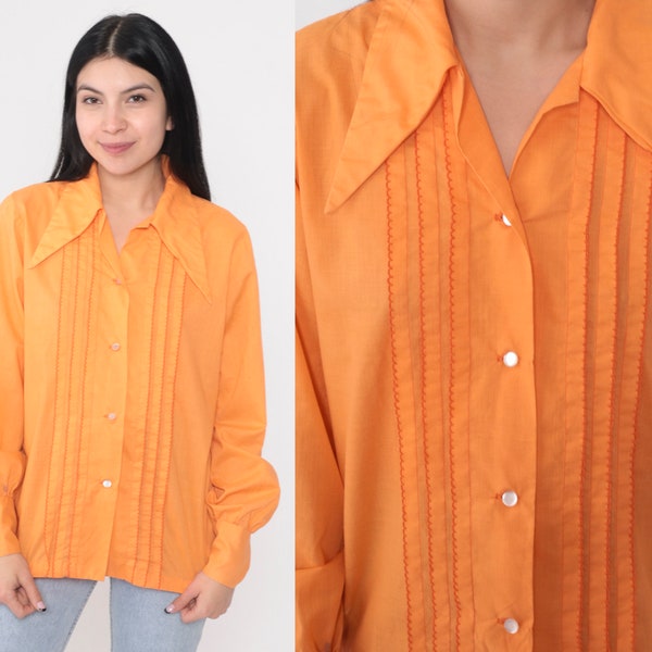 70s Orange Blouse Disco Shirt Button up Pleated Top Dagger Collar Retro Seventies Collared Groovy Hippie Vintage 1970s Val lanne Medium 36