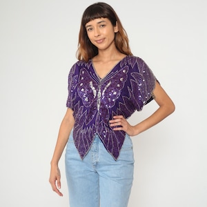 Sequin Butterfly Top 90s Sparkly Silk Blouse Metallic Shirt Boho Disco Purple Glam Party Trophy Cocktail Vintage 1990s Small S