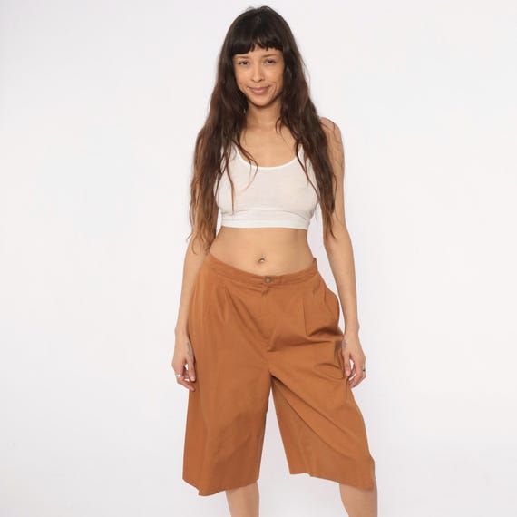80s High Waist Shorts Camel Brown Tan Pleated Wide Leg Trouser Bermuda Tailored Vintage Academic Preppy Classic Dark Academia Style Medium M