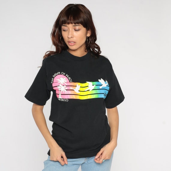 San Diego T Shirt 90s Dawn of Peace Shirt Neon Striped California Shirt Palm Tree Dove Graphic Tee Black Stripes Retro Vintage 1990s Medium