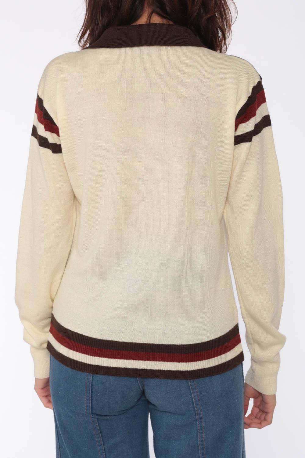 Cream Striped Sweater Collared Knit 70s V Neck Pullover Sweater Bohemian Hippie 1970s Nerd Geek 