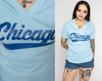 80s Chicago T Shirt Baby Blue Souvenir Illinois Shirt Graphic Retro TShirt V Neck Shirt Vintage Graphic Print 1980s Travel Tee Retro Medium