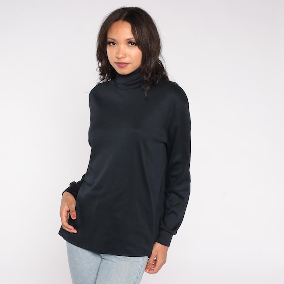 Black Turtleneck 90s Bobbie Brooks Cotton Blend Vintage Long Sleeve Classic Layering Top Dark Basic Winter Autumn USA Made XL Extra Large