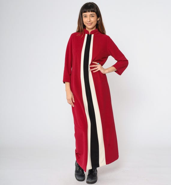 70s Velour Lounge Dress Red Maxi Lounge Wear Pajama Robe Mod Striped Long Sleeve Boho Hippie 1970s Front Zip Loungewear Vintage Medium
