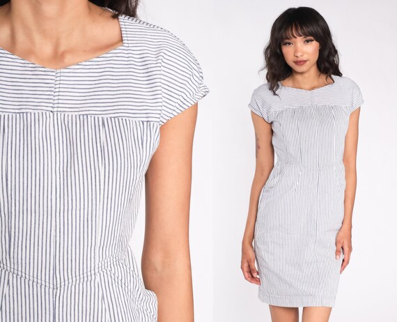 Striped Mini Dress White Pinstripe Sheath Dress Y2K Cap Sleeve Pencil Dress 00s High Waisted Pocket Dress Vintage 2000s Grey Small S