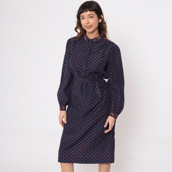 80s Paisley Dress Dark Blue Shirtdress Day Dress Long Sleeve Button Up Midi Shift Hippie Boho Groovy Shirt Dress Vintage 1980s Red Large