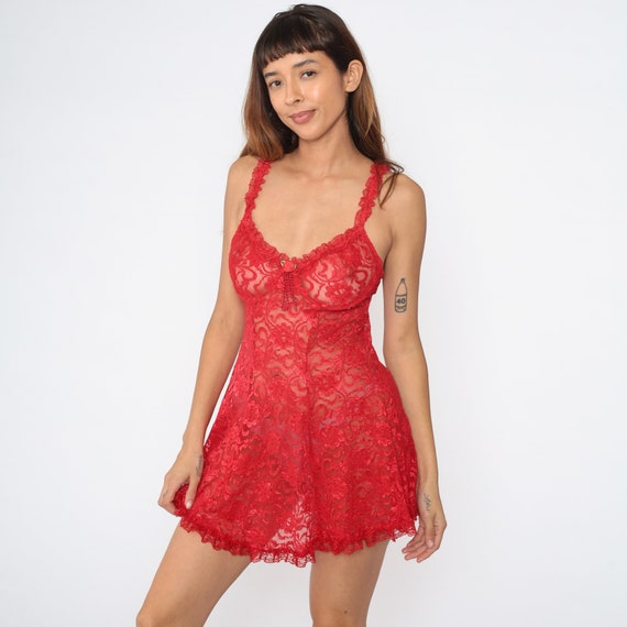 Sheer Red Lace Slip 90s Rosette Underwire Lingerie Nightgown Slip Dress Mini Chemise Vintage Spaghetti Strap Sleep Sexy 1990s Medium Large
