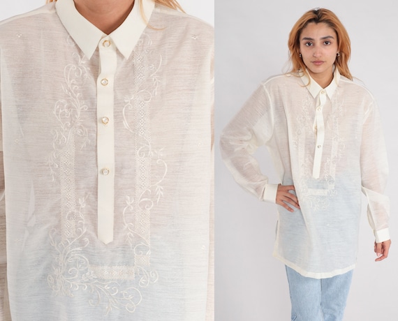 Sheer Embroidered Top Y2K White Button up Blouse Long Sleeve Shirt Summer Festival Hippie Bohemian Vintage 00s Large L