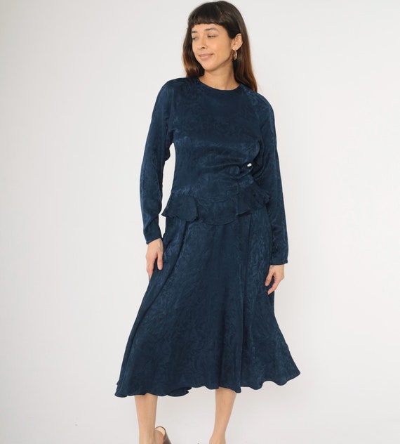 90s Vintage Navy Silk Dress Floral Jacquard Peplum Raglan Sleeves Midi Length 1990s Retro Evening Formal Size 10 Medium M