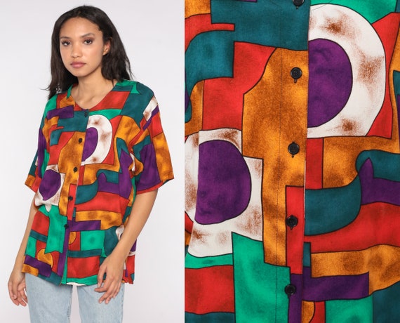 90s Button Up Blouse Geometric Print Shirt Statement Pattern Green Purple Red Orange Short Sleeve Top Grunge 1990s Vintage Bohemian Medium M