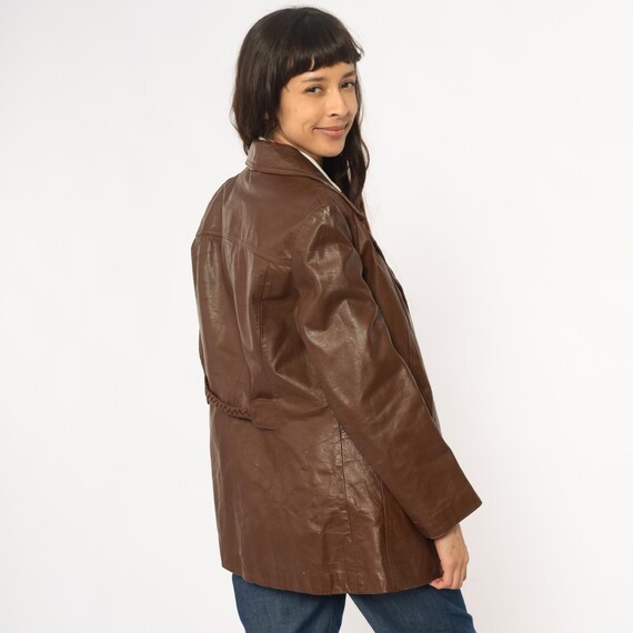 70s Brown Leather Jacket Button Front Collared Br… - image 6