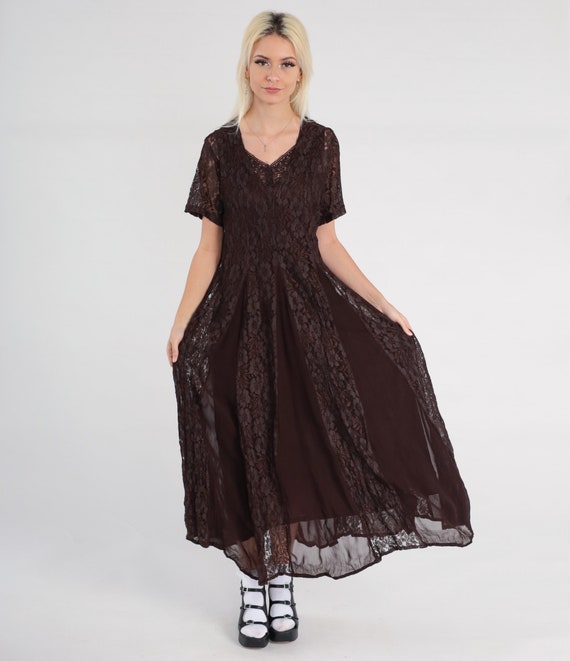 Brown Lace Dress 90s Maxi Chiffon Panel Grunge Dress Floral Witch Gothic V Neck Vintage Bohemian Party Short Sleeve Drape Nostalgia Small