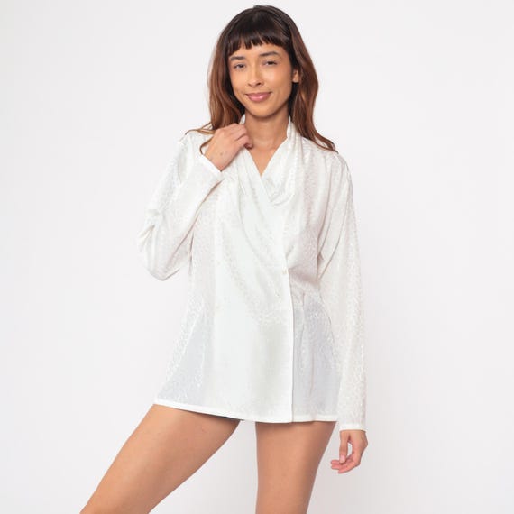 Pendleton Blouse 80s White Country Sophisticates Jacquard Vintage Wrap Crossover V-Neck Textured Long Sleeve Elegant Office Wear Medium