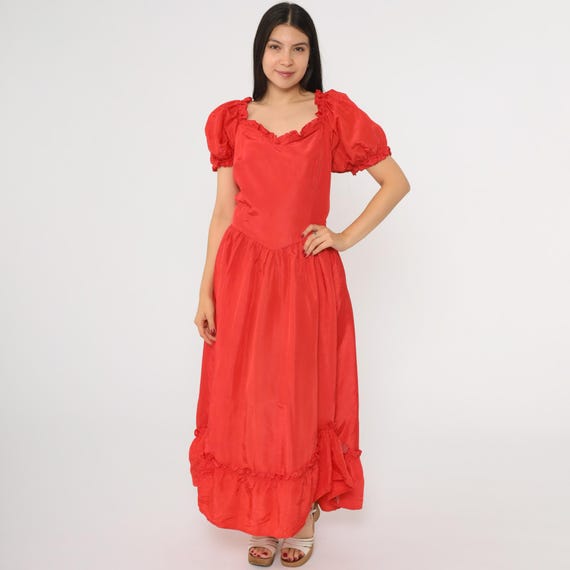 80s Red Party Dress Puff Sleeve Formal Gown Vintage Fit & Flare Full Skirt Maxi Bow Basque Waist Retro 1980s Ruffle Prom Extra Large xl