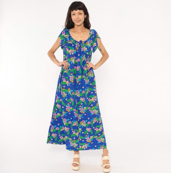 Hawaiian Tropical Maxi Dress 80s Hilo Hatties Blue Floral Palm Leaf Muumuu Summer Vacation Beach Resort Wear Bird of Paradise Medium M