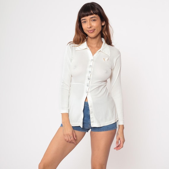 Butterfly Button Up Shirt Y2K Vintage White Applique Ribbed Knit Fitted Long Sleeve Collar Top Minimalist Feminine Office Extra Small XS