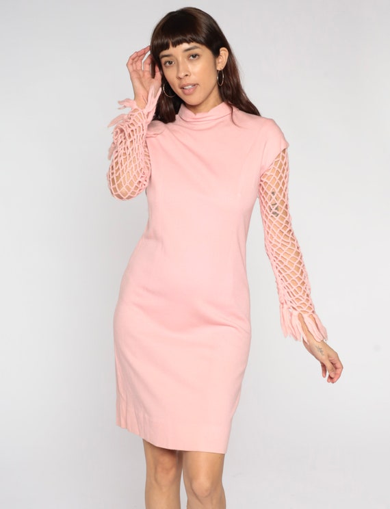 60s Mod Mini Dress Baby Pink Crochet Sleeve Mock … - image 3