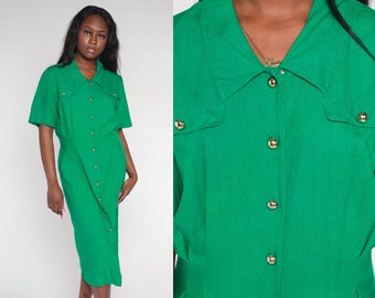 Green Silk Dress 90s Midi Dress Short Sleeve High Waisted Button up Shirtdress Retro Simple Secretary Dress Pencil Vintage 1990s Medium 10