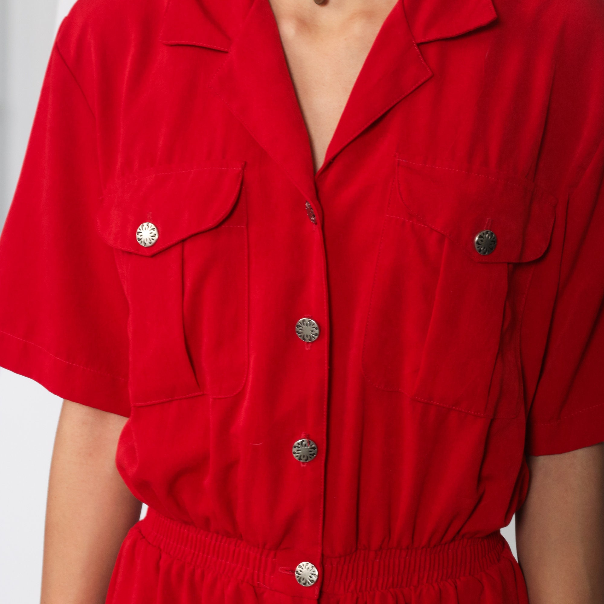 80s Jumpsuit Plain Red Red Tapered Pant Button Up High Waisted 90s Vintage Pantsuit Short Sleeve
