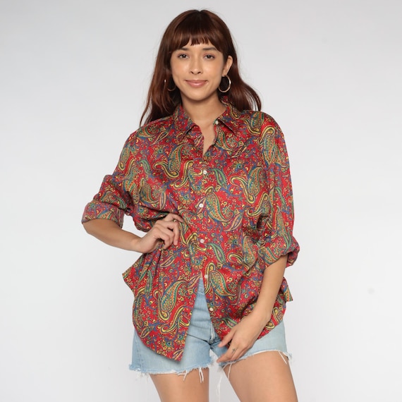 Ralph Lauren Paisley Button Up Y2K Shirt Red Multicolor Print Cotton Long Sleeve Vintage 90s Boho Maximalist Print Top Plus Size XXL 2X