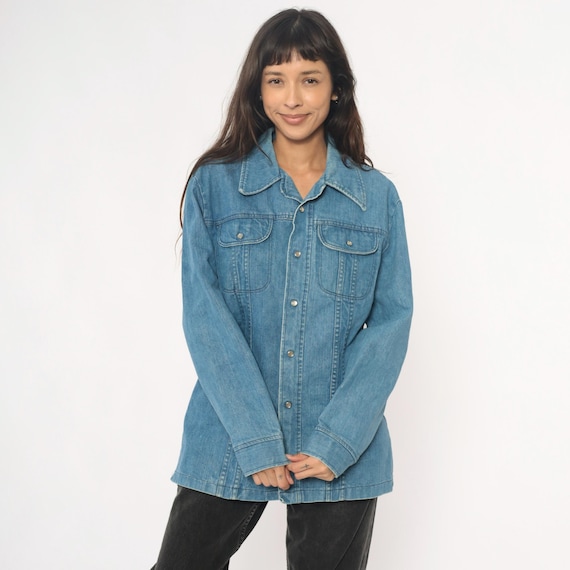 70s Denim Shirt Jacket Light Blue Chambray Button Front Chest Pockets Cotton Western Workwear Vintage Unisex Casual Snap Buttons Medium M