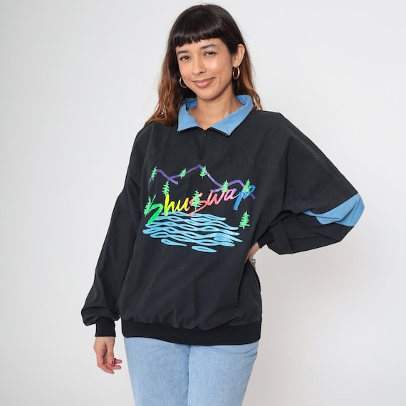 Shuswap Mountain Pullover 90s Black Quarter Zip Colorblock Vintage Canada BC Outdoor Gorpcore 90s Outdoor Mountain Culture Sweater Large L