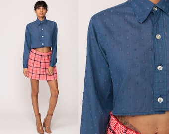 Crop Top Blue Cropped Shirt 70s Blouse POLKA DOT Bohemian Button Up Disco Top Boho Hippie 1970s Hippie Long Sleeve Small Medium