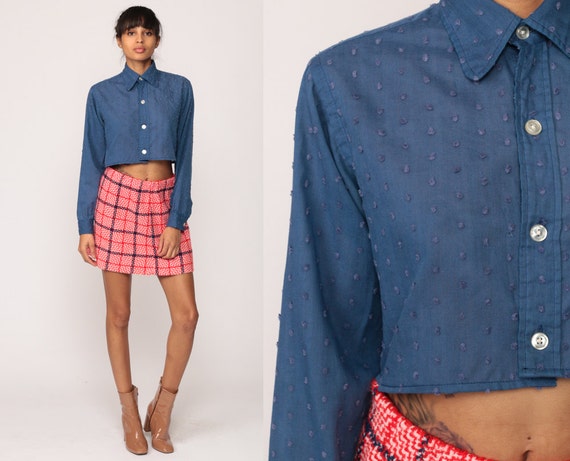 Crop Top Blue Cropped Shirt 70s Blouse POLKA DOT Bohemian Button Up Disco Top Boho Hippie 1970s Hippie Long Sleeve Small Medium