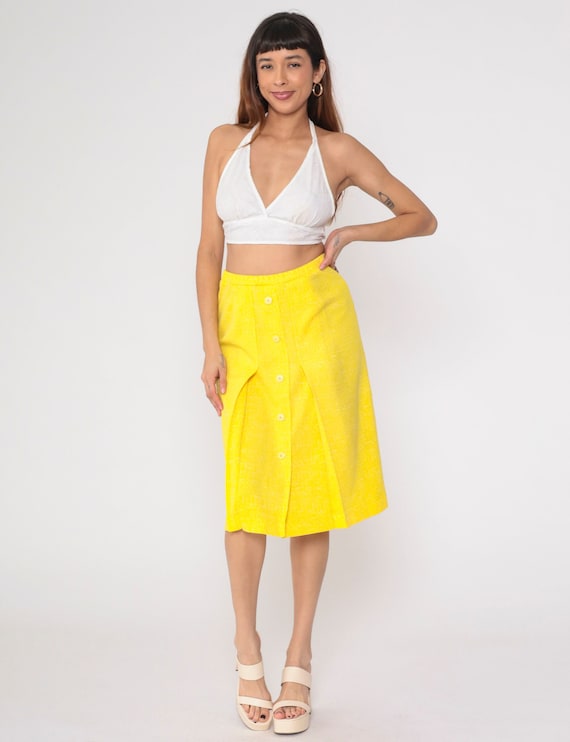 Yellow 70s Skirt Button Up Pleated Midi Skirt Flecked Pencil Skirt High Waisted Mod Skirt Retro 1970s Vintage Polyester Small Medium