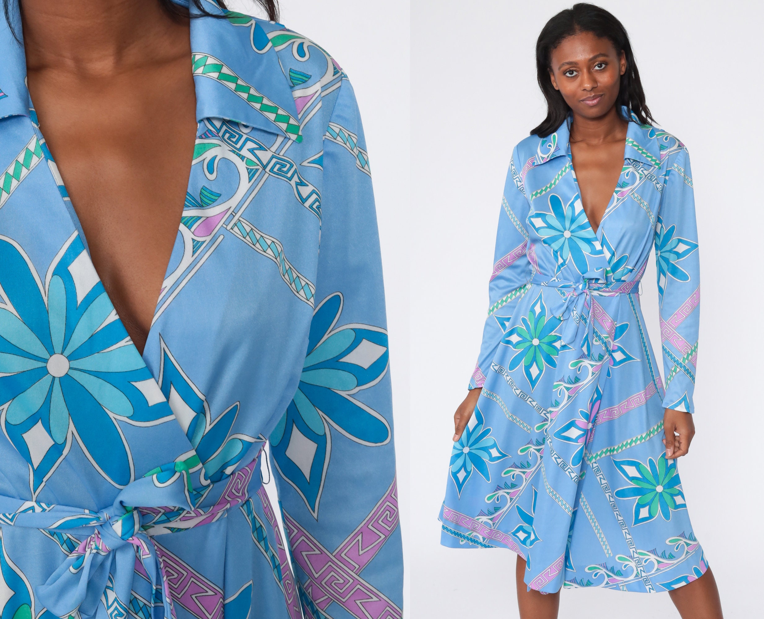Boho Wrap Dress 70s Floral Print Hippie 