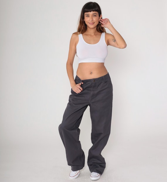 Ben Davis Work Pants Y2K Charcoal Gray Utility Trousers Gorilla Logo Workwear Straight Leg Skater Carpenter Style Baggy Wide Leg Vintage 36