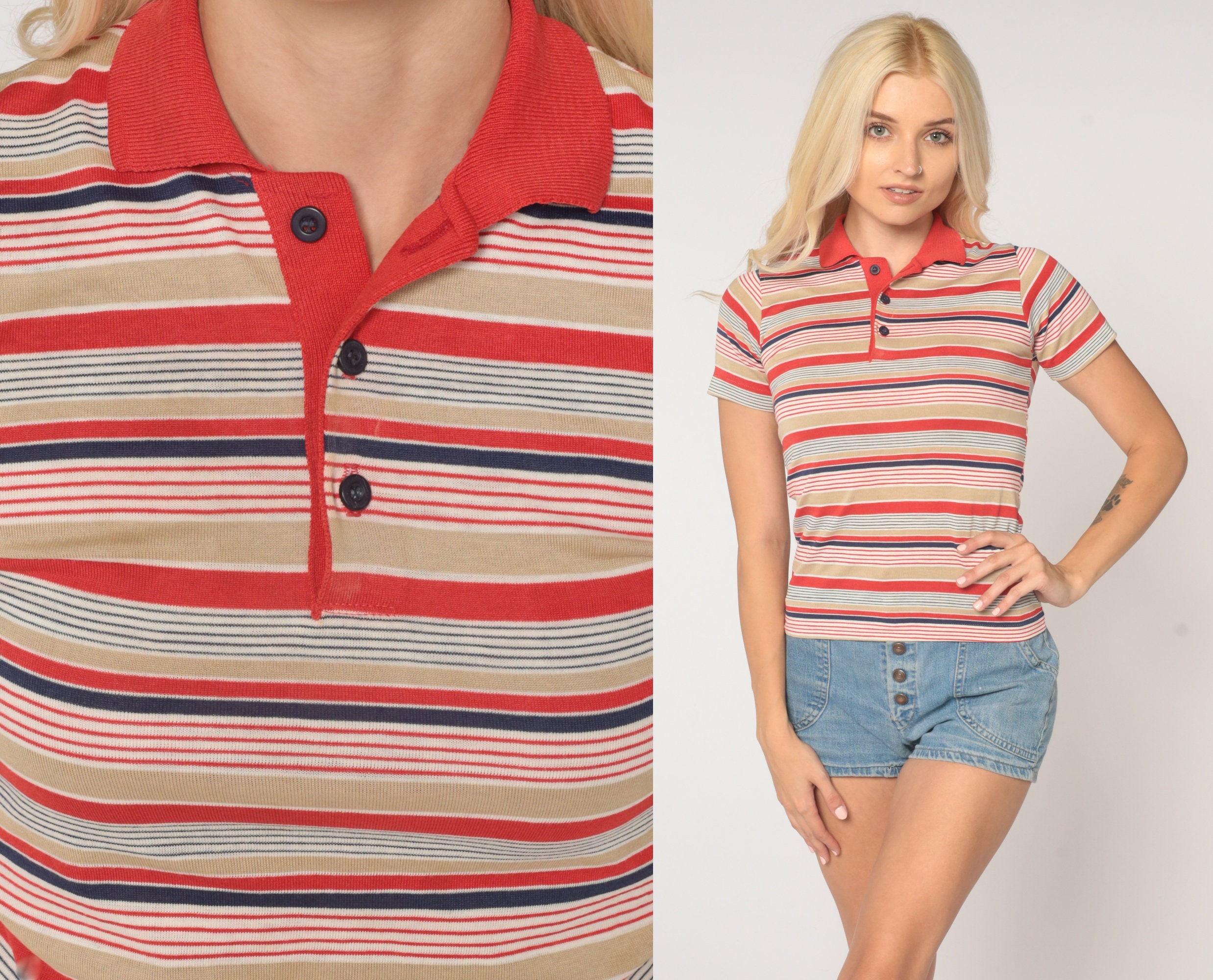 80s Polo Shirt Red Blue Striped Shirt Half Button Up Shirt Retro Tshirt Collared 1980s Nerd Geek