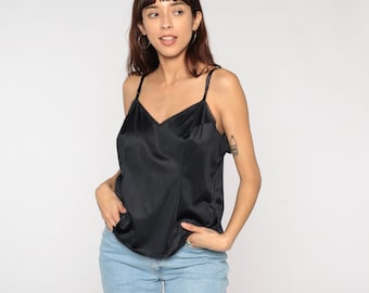 Lingerie Top Lace Camisole Black Nylon Tank Top 80s Cami Top V Neck Gothic Boho Romantic Vintage Bohemian Goth Large xl