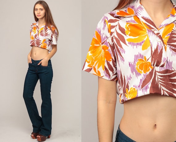 Floral Blouse 70s Boho Crop Top Button Up Shirt TROPICAL Bohemian Polo Shirt Sleeve 1970s Vintage Boho Hippie Brown Orange Small Medium