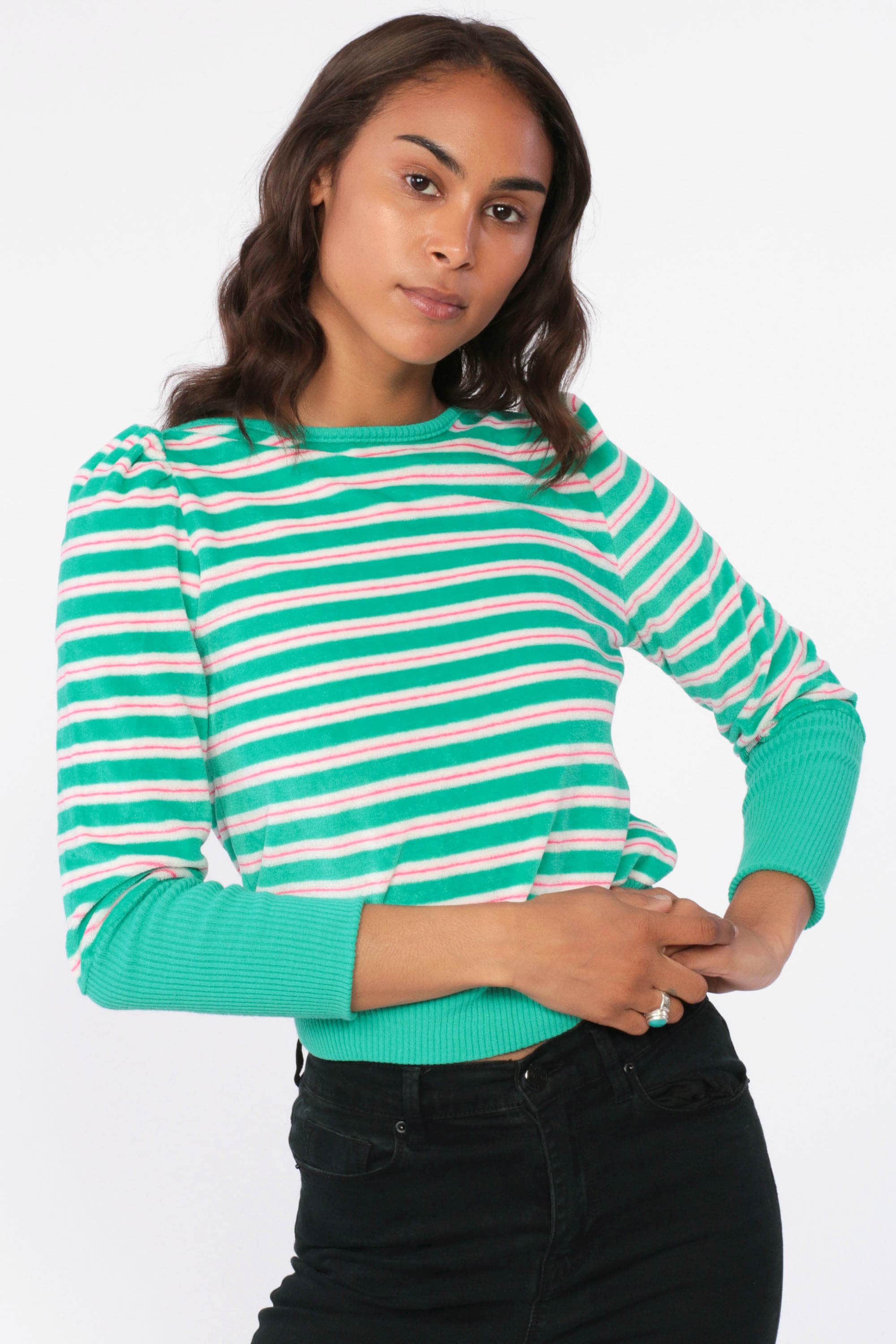Velour Puff Sleeve Sweatshirt 80s Striped Sweatshirt Ringer Shirt Boat ...