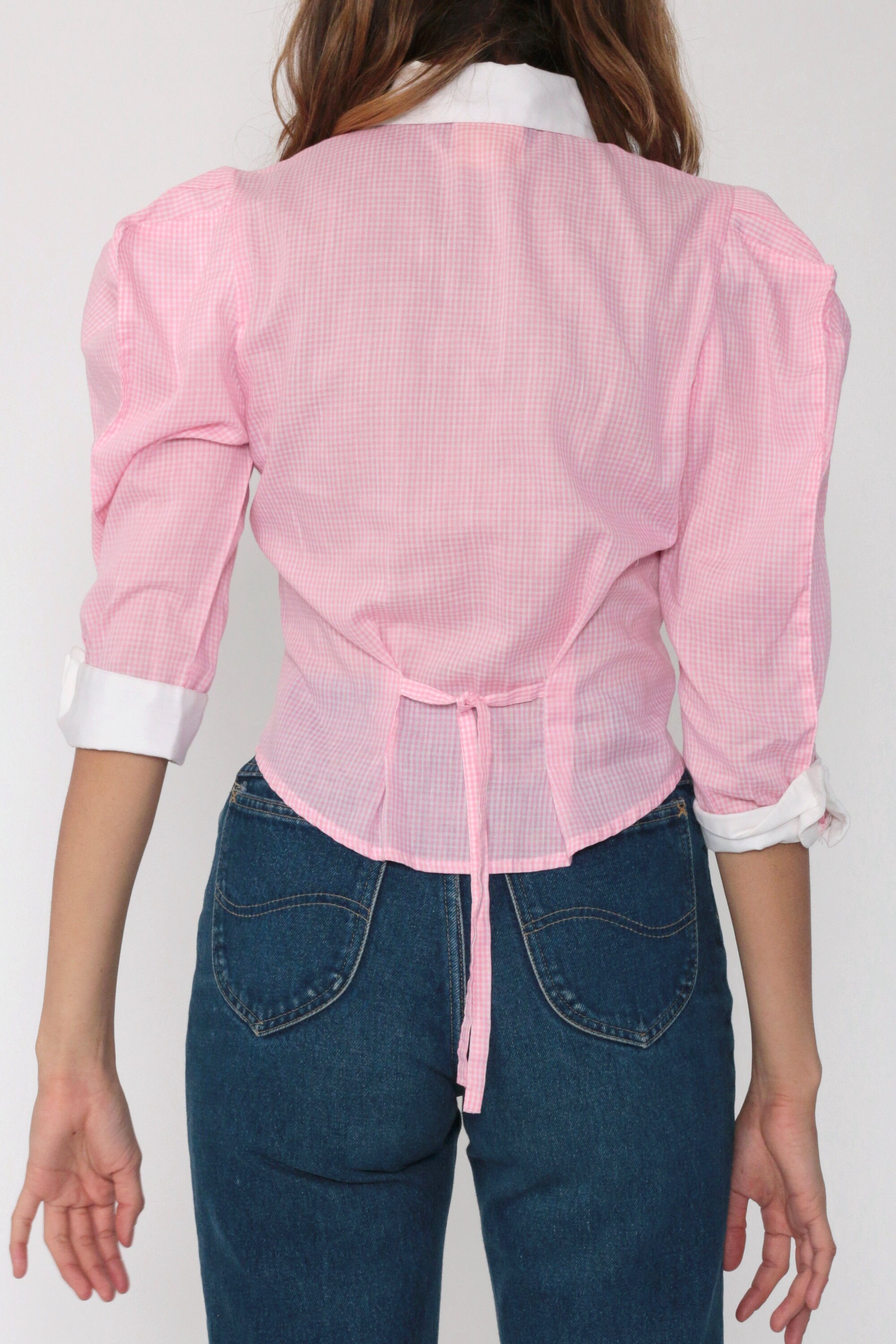 Pink Gingham Shirt PUFF Sleeve Blouse 70s Plaid Checkered Shirt Leg O Mutton Sleeve Button Up 