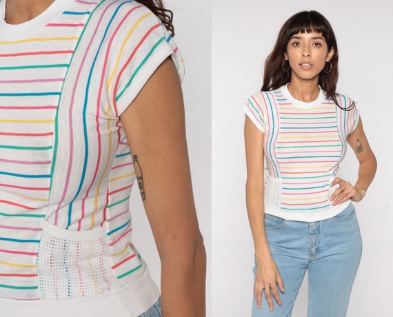 Striped Ringer Tee 80s Rainbow Shirt 